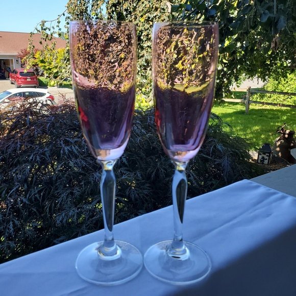 Pier 1 Iridescent Rose Pink Champagne Flutes Set flower stem top - Picture 7 of 9